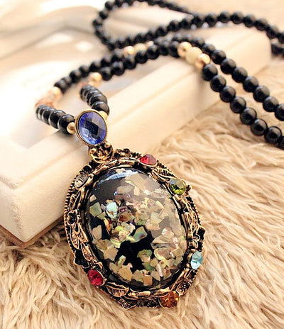 Korean Bohemian Colorful Shell Pendant Necklace with Crystal Beads and Cat Eye Stone