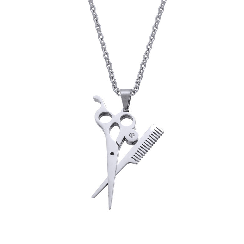 Titanium Steel Hip-Hop Scissors Comb Pendant Necklace for Hairstylists