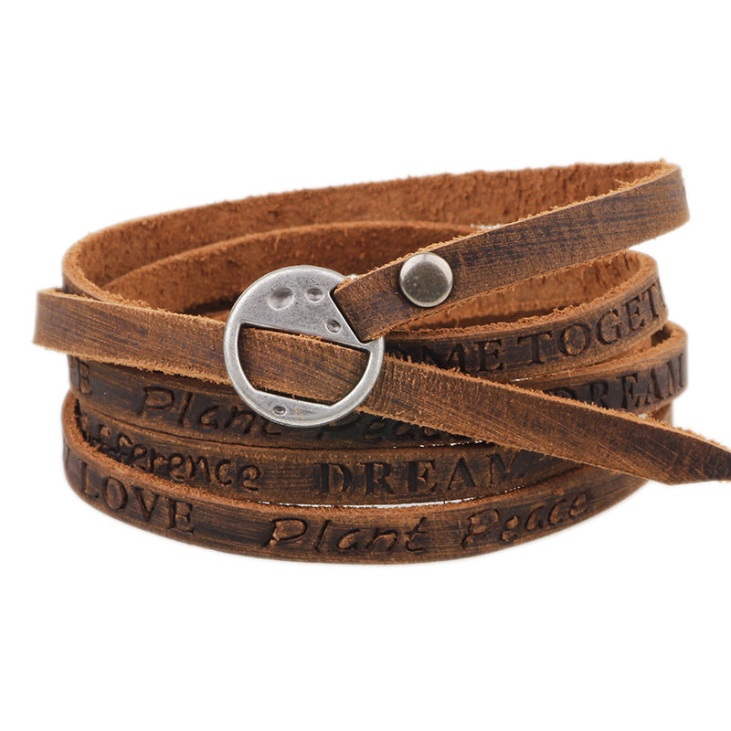 Classical Letter Alloy Buckle Unisex Cowhide Bracelet Set