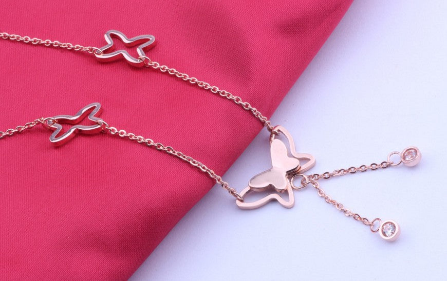 Rose Gold Titanium Steel Butterfly Tassel Anklet for Women