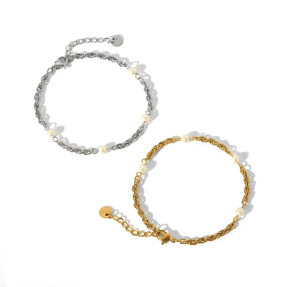 18K Gold Plated Stainless Steel Geometric Pearl Twist Chain Bracelet