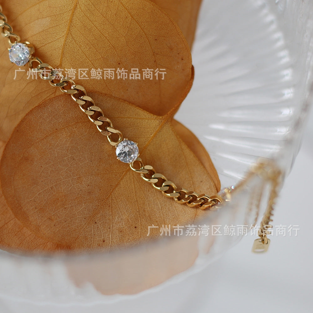 18K Gold Plated Stainless Steel Chain Bracelet with Sparkling White Zircon