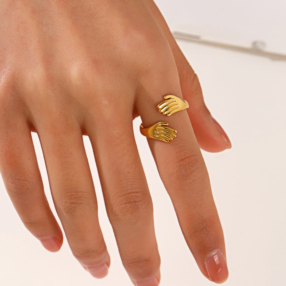 18K Gold Plated Stainless Steel Retro Open Palm Hug Ring