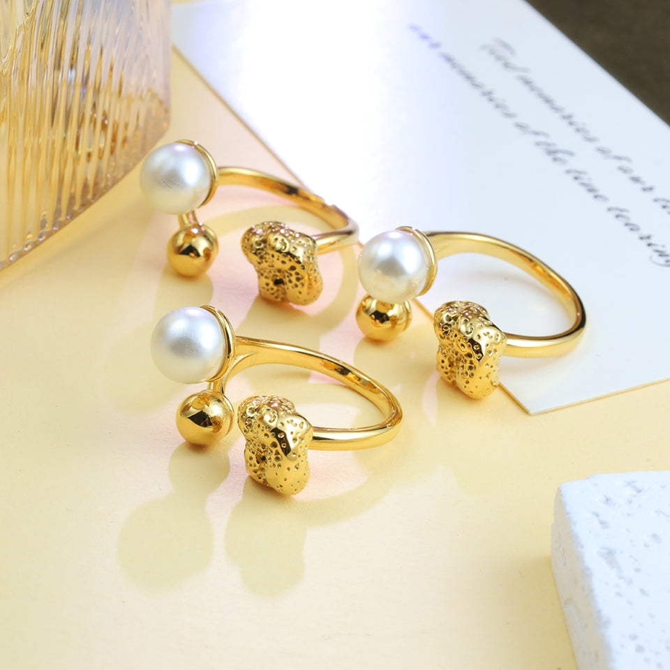 18K Gold Plated Stainless Steel Adjustable Open Ring with Asymmetrical Inlay Pearls