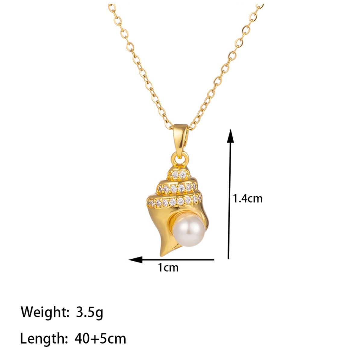 18K Gold Plated Stainless Steel Conch Shell & Pearl Pendant Necklace with Rhinestones