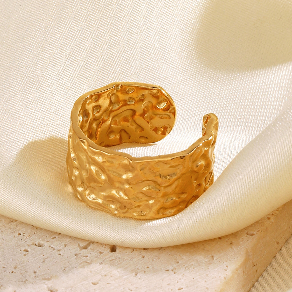 18K Gold Plated Stainless Steel Geometric Hammered Open Band Hip-Hop Ring