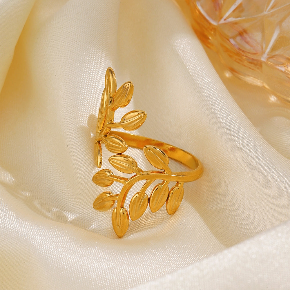 18K Gold Plated Stainless Steel Leaf Adjustable Open Ring