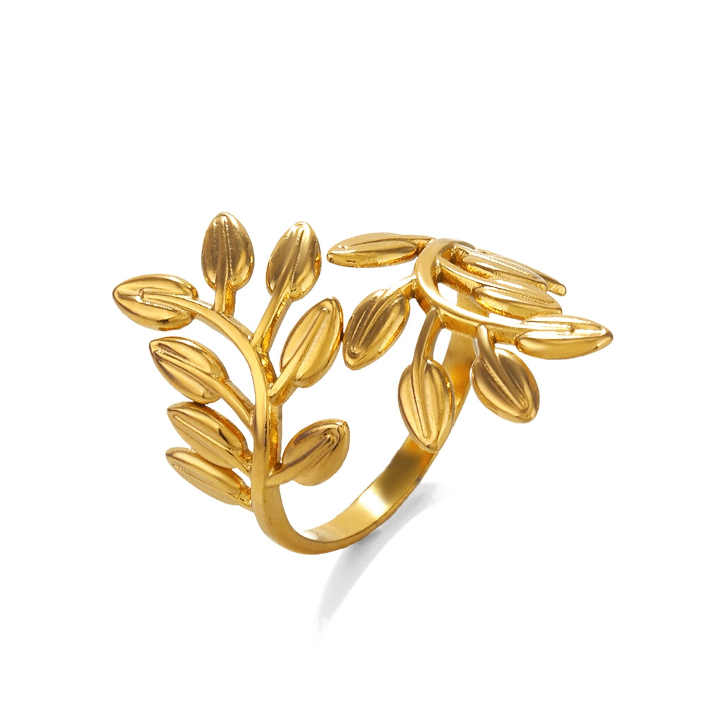 18K Gold Plated Stainless Steel Leaf Adjustable Open Ring