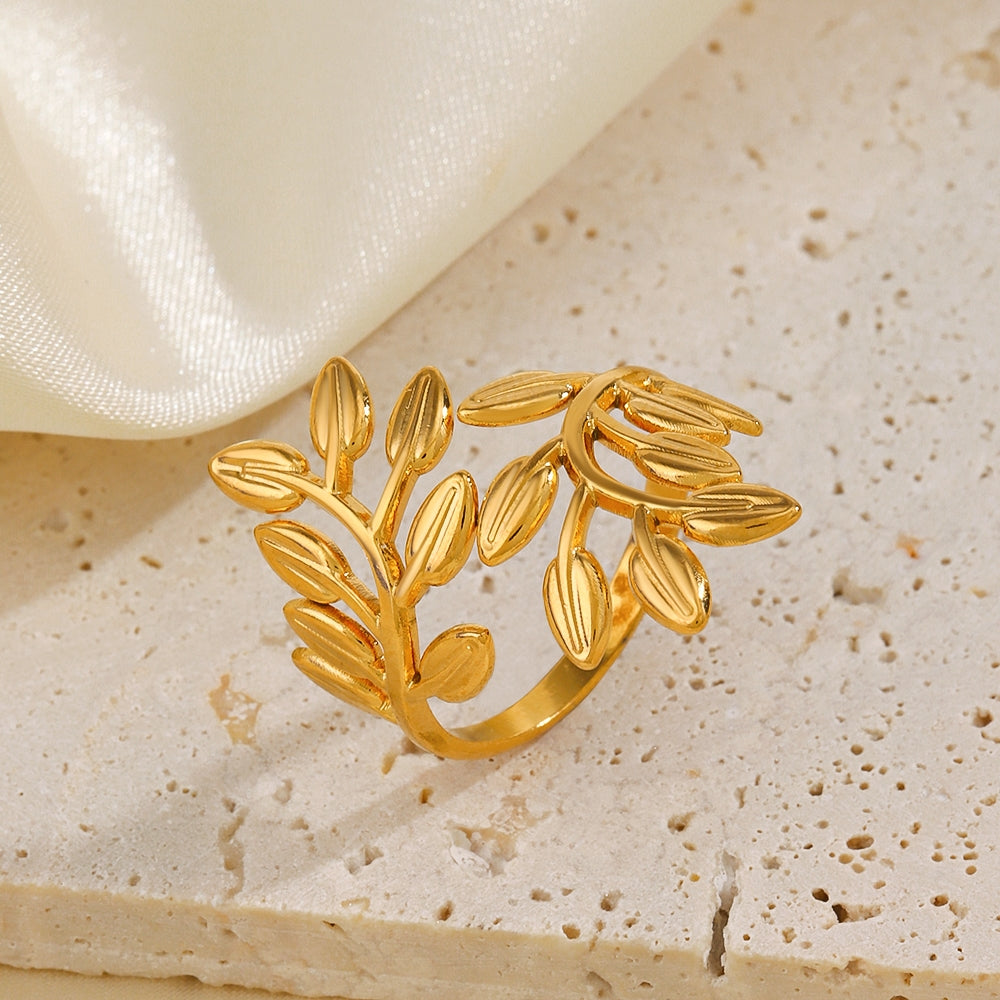 18K Gold Plated Stainless Steel Leaf Adjustable Open Ring