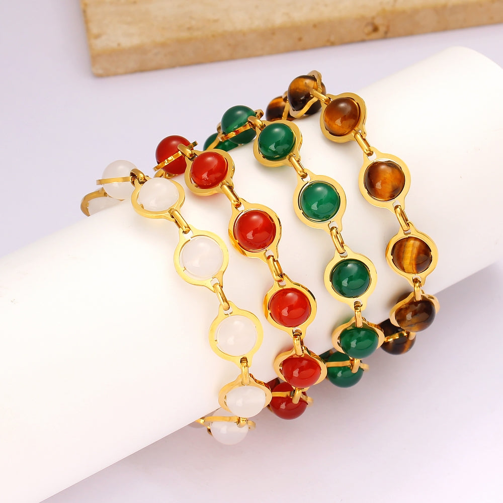 18K Gold Plated Stainless Steel Agate and Tigereye Bohemian Beaded Bracelet