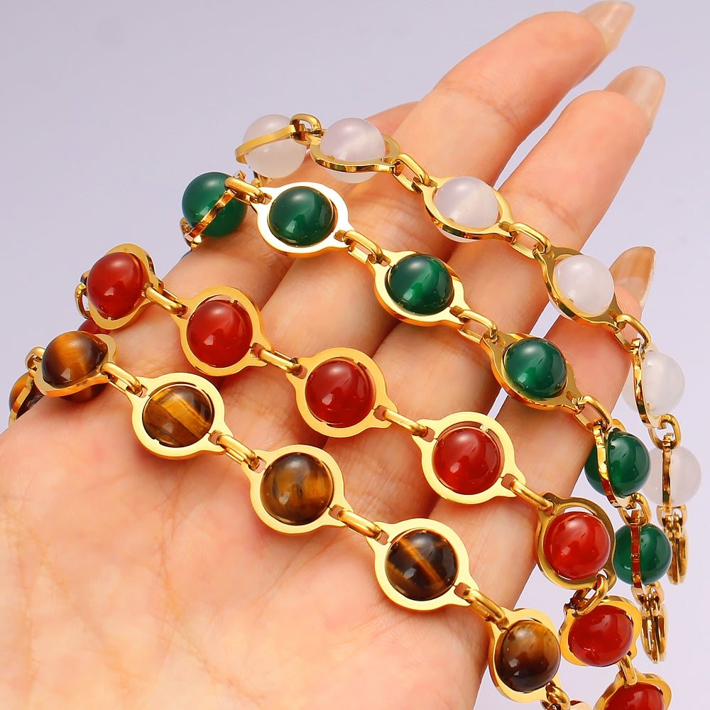 18K Gold Plated Stainless Steel Agate and Tigereye Bohemian Beaded Bracelet