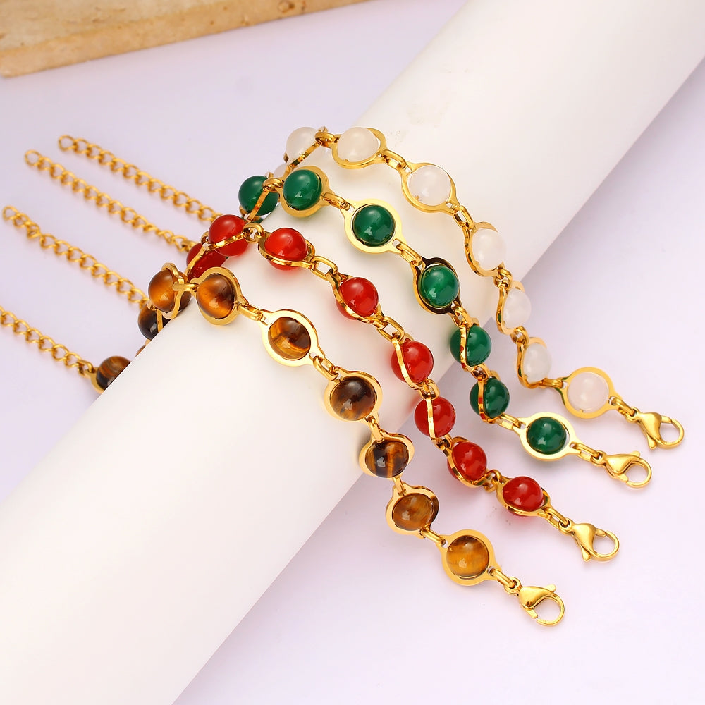 18K Gold Plated Stainless Steel Agate and Tigereye Bohemian Beaded Bracelet