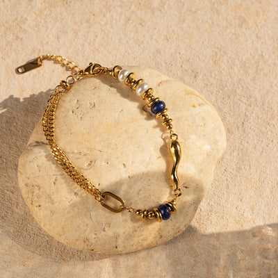 18K Gold Plated Stainless Steel Bracelet with Natural Stone and Pearl Inlay