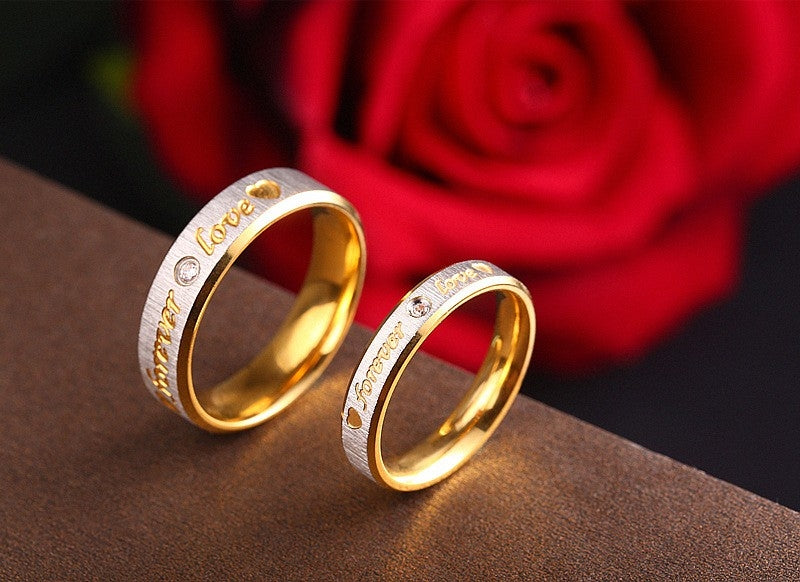 18K Gold Plated Stainless Steel Heart Inlay Gemstone Couple Rings