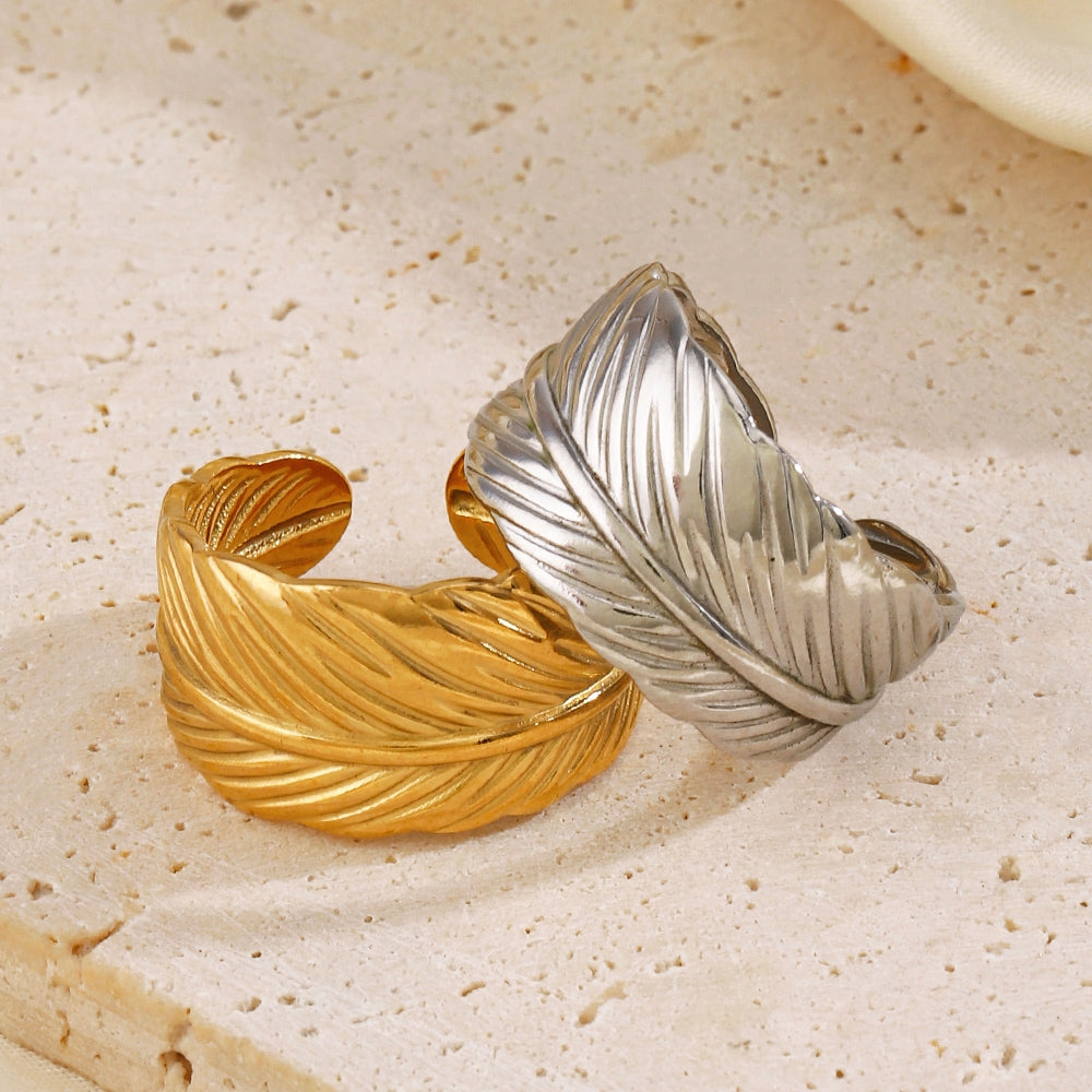 18K Gold Plated Stainless Steel Adjustable Feather Ring