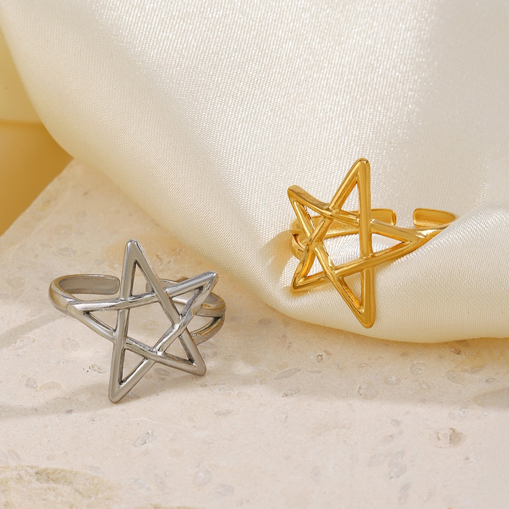 18K Gold Plated Stainless Steel Pentagram Adjustable Open Ring