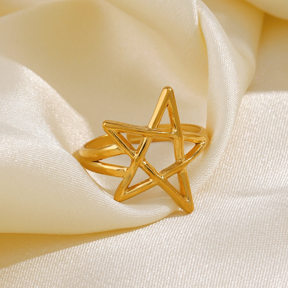 18K Gold Plated Stainless Steel Pentagram Adjustable Open Ring