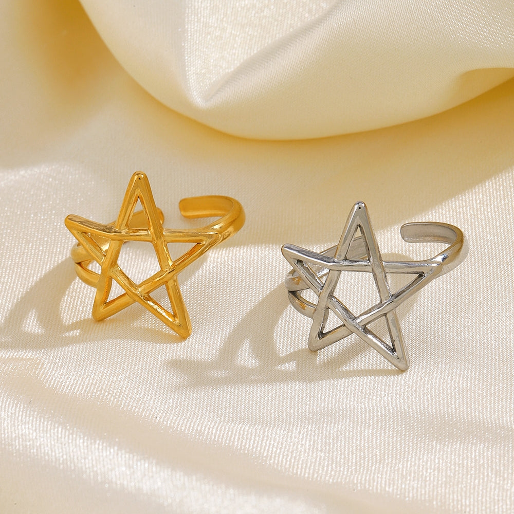18K Gold Plated Stainless Steel Pentagram Adjustable Open Ring