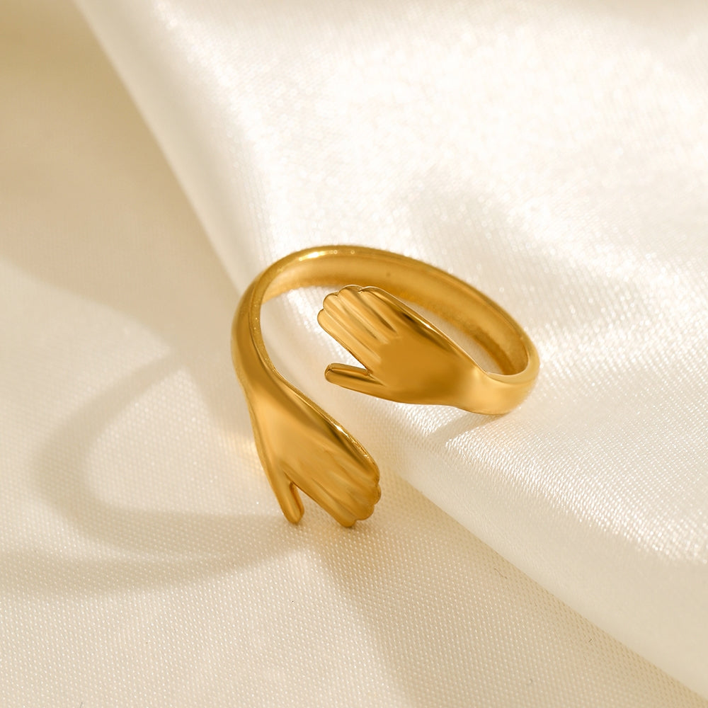 18K Gold Plated Stainless Steel Adjustable Open Palm Hug Ring for Women