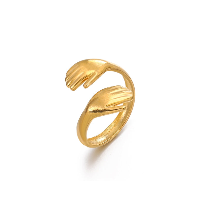 18K Gold Plated Stainless Steel Adjustable Open Palm Hug Ring for Women