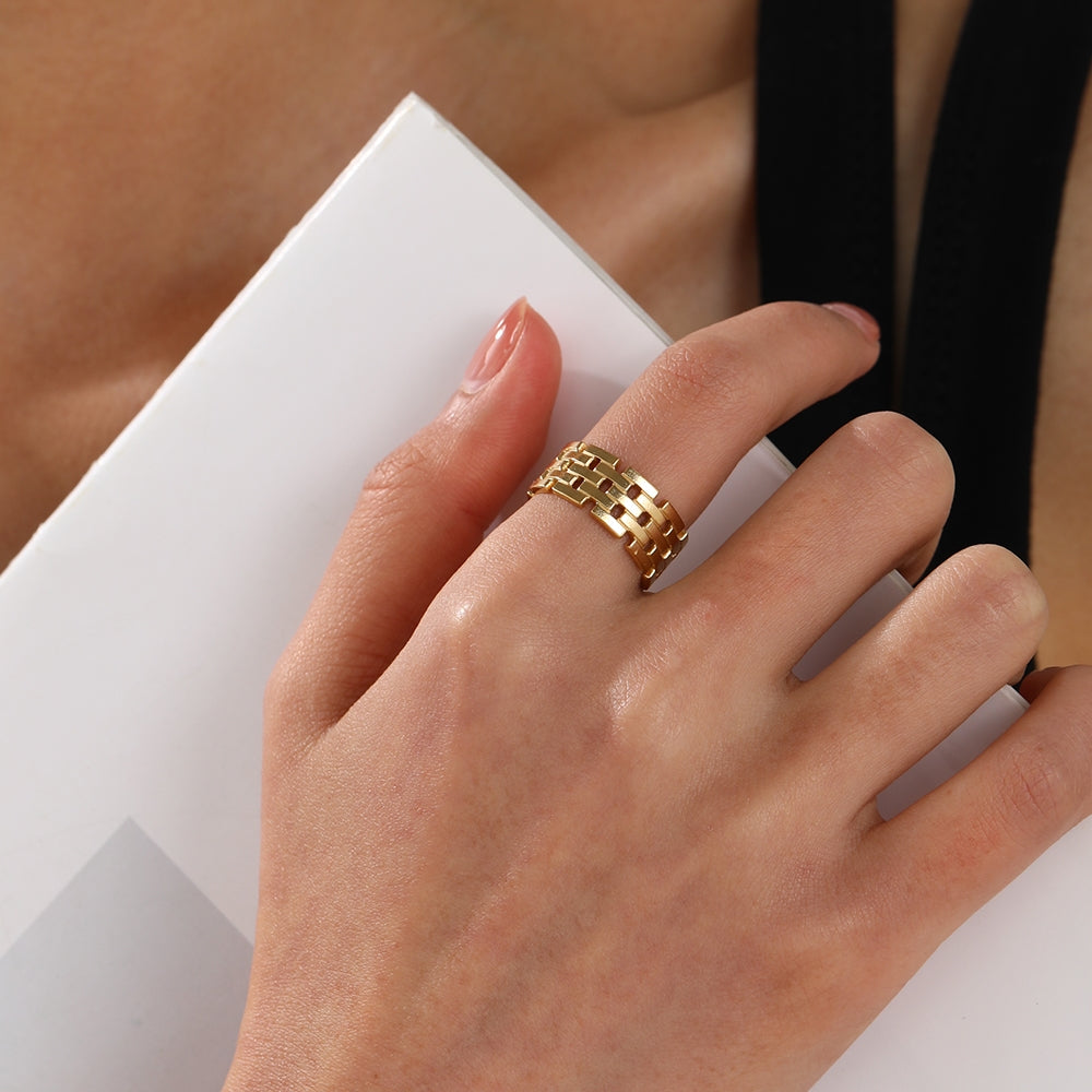 18K Gold Plated Vintage Geometric Adjustable Stainless Steel Ring