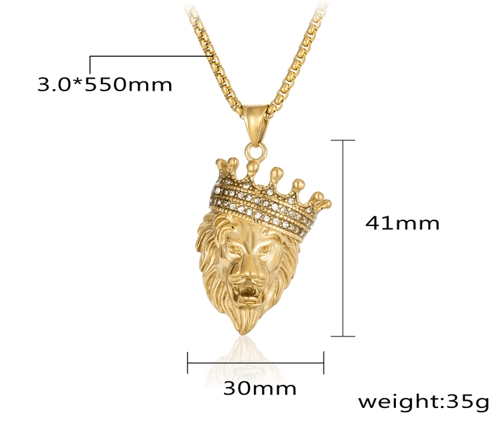 304 Stainless Steel Lion Pendant Necklace with Crown and Rhinestones - Modern Punk Style