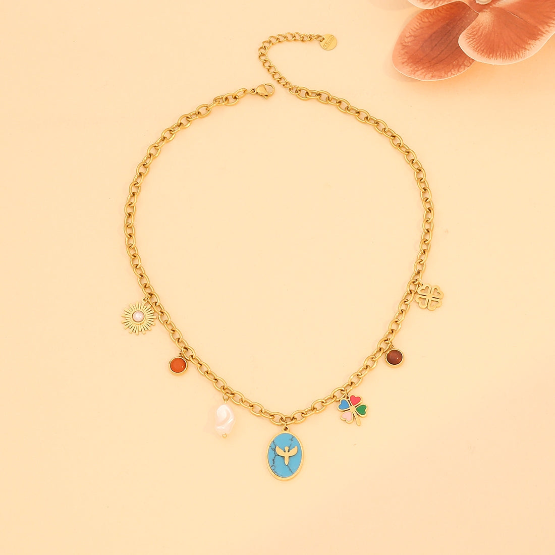 18K Gold Plated Floral Shell Glass Double Layer Necklace with Star and Moon Charm