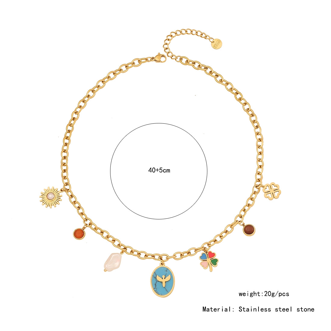 18K Gold Plated Floral Shell Glass Double Layer Necklace with Star and Moon Charm