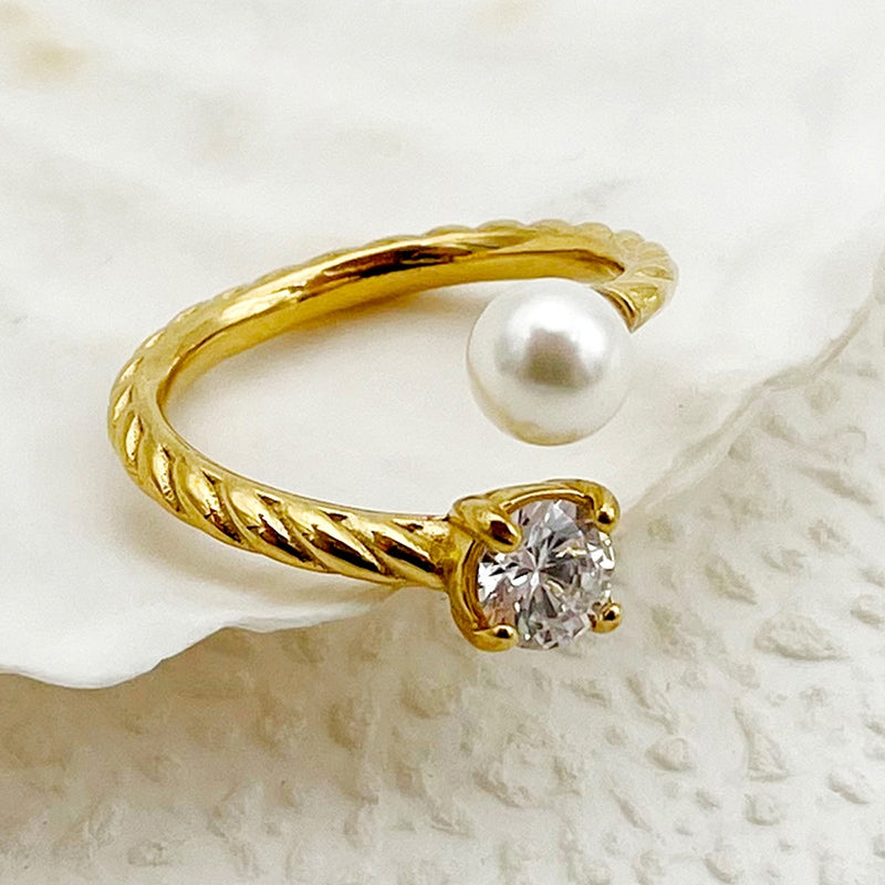 304 Stainless Steel Gold Plated Roman Style Pearl Zircon Open Ring