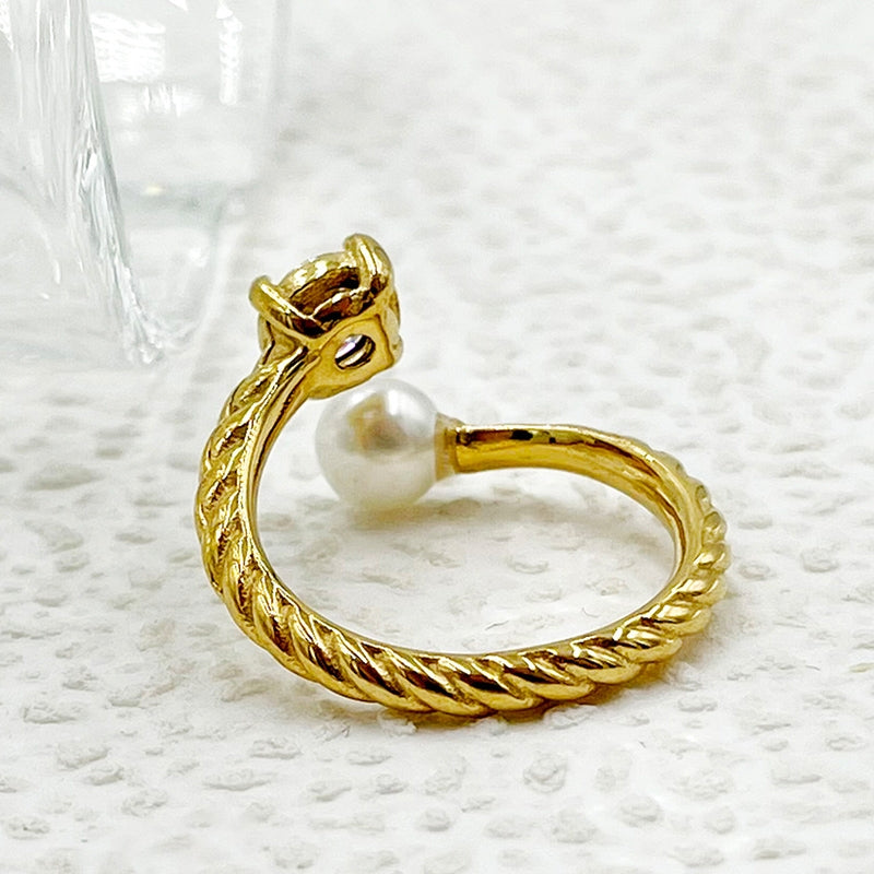 304 Stainless Steel Gold Plated Roman Style Pearl Zircon Open Ring