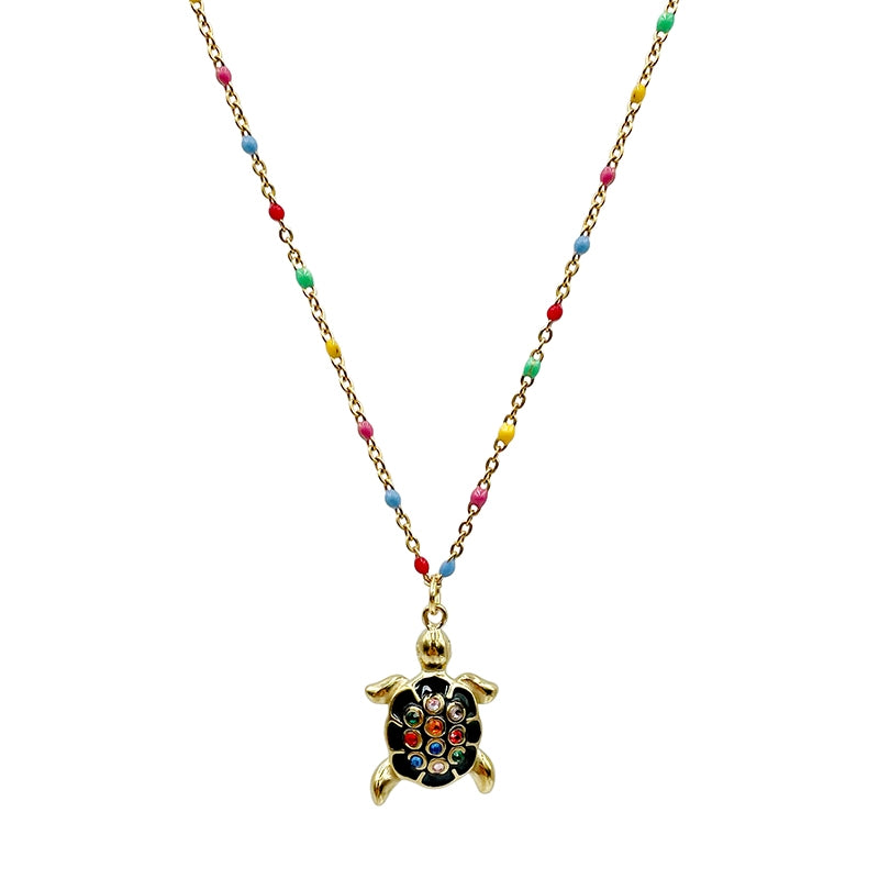 304 Stainless Steel Gold Plated Colorful Enamel Tortoise Zircon Pendant Necklace