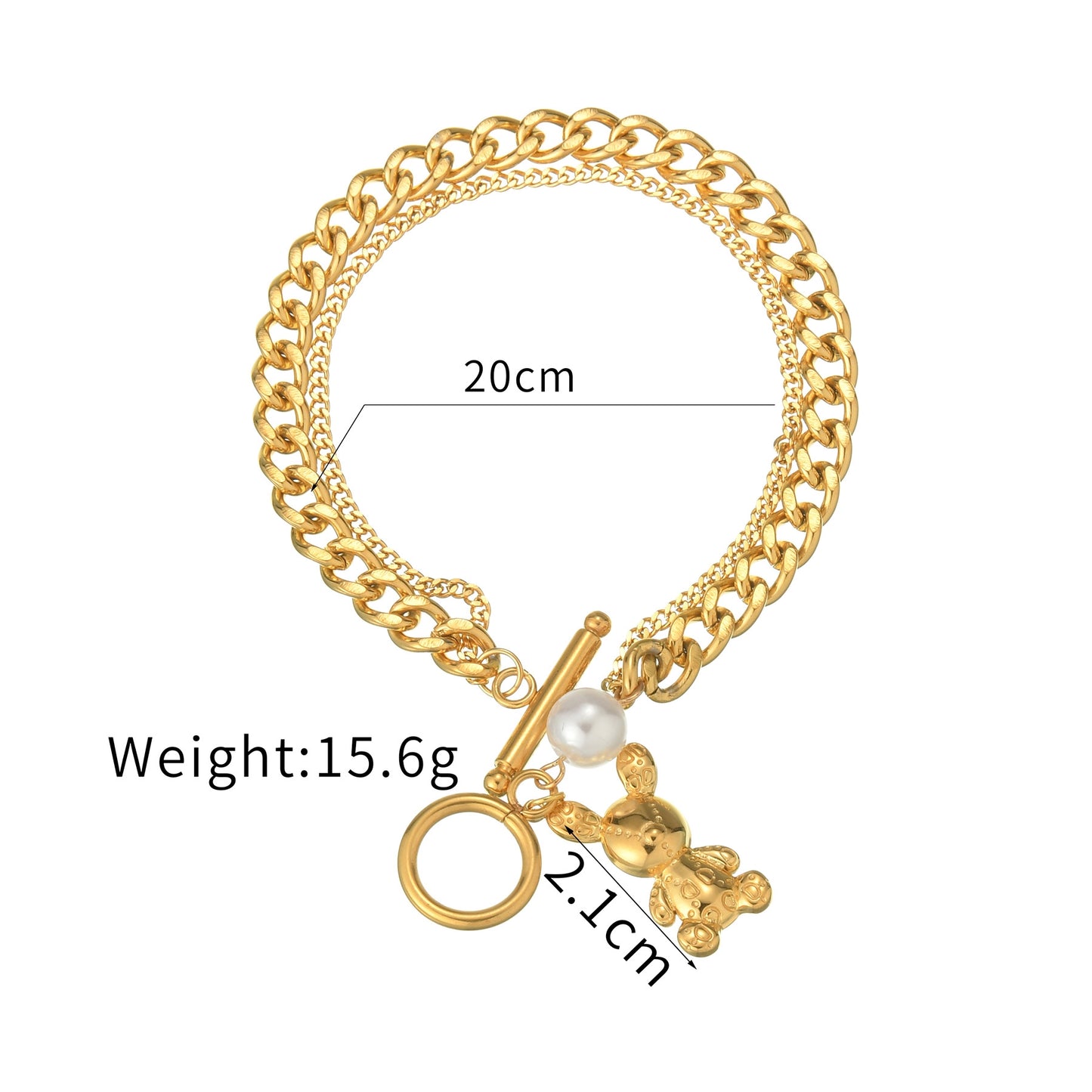 304 Stainless Steel Gold Plated Rabbit and Bear Double-Layer Bracelet with Thick Chain and Pearl