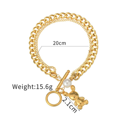 304 Stainless Steel Gold Plated Rabbit and Bear Double-Layer Bracelet with Thick Chain and Pearl