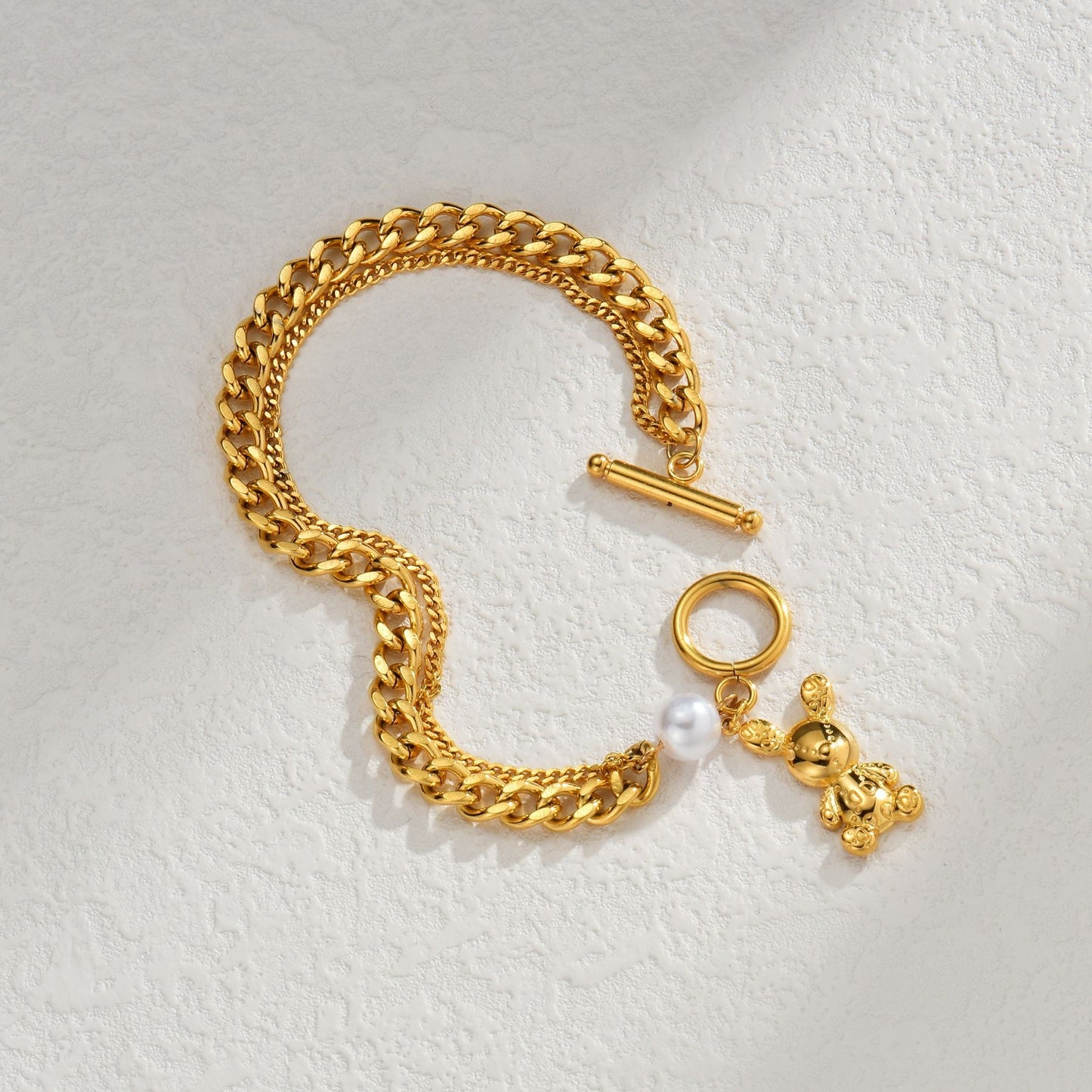 304 Stainless Steel Gold Plated Rabbit and Bear Double-Layer Bracelet with Thick Chain and Pearl