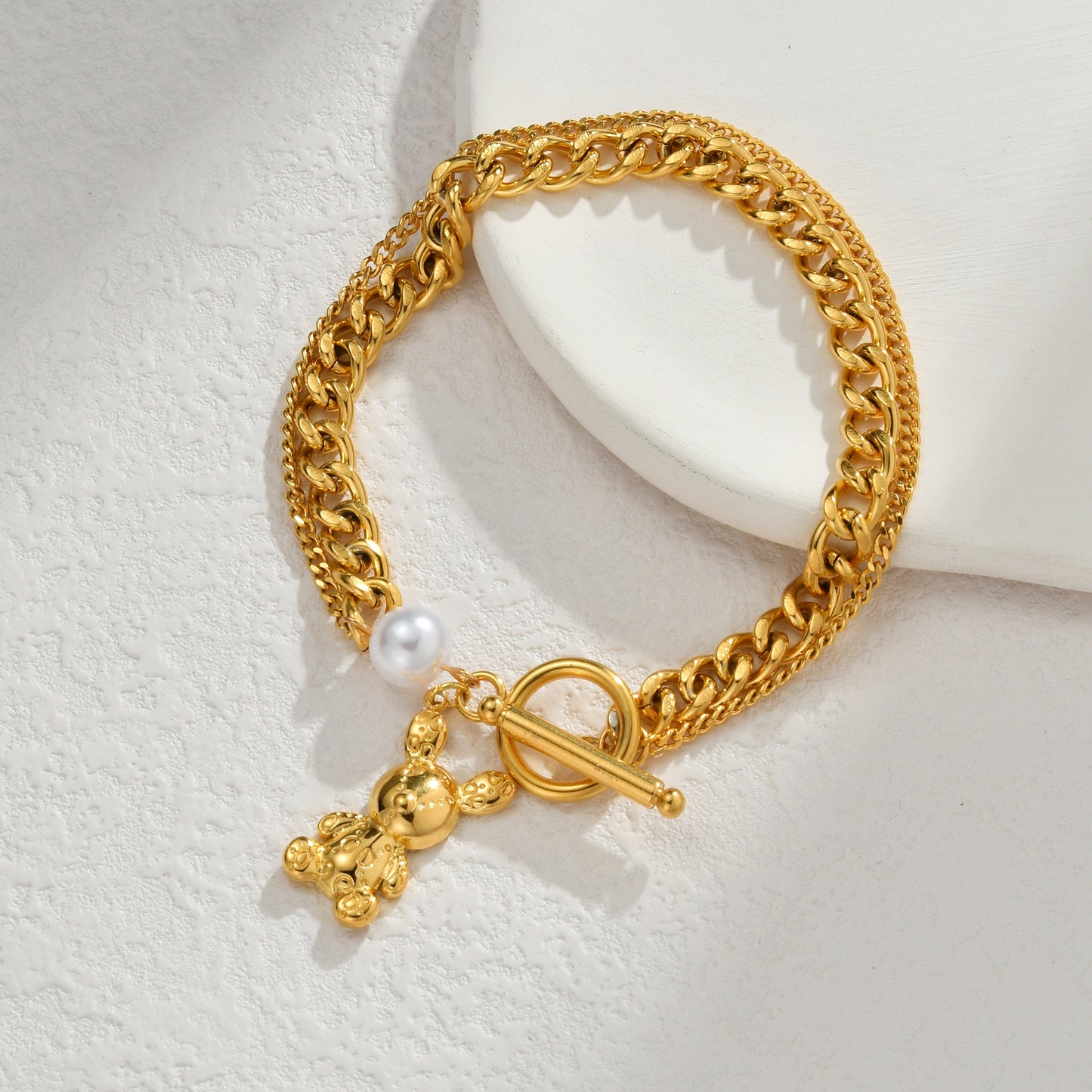 304 Stainless Steel Gold Plated Rabbit and Bear Double-Layer Bracelet with Thick Chain and Pearl