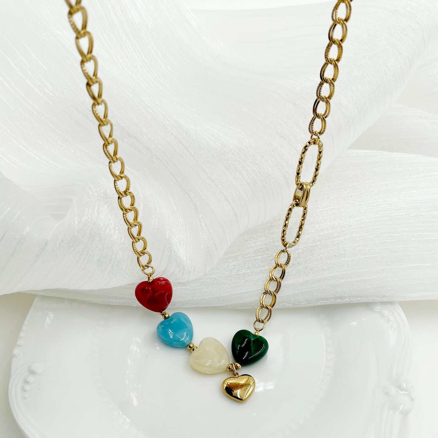 304 Stainless Steel 14K Gold Plated Heart Pendant Necklace with Colorful Acrylic Accents