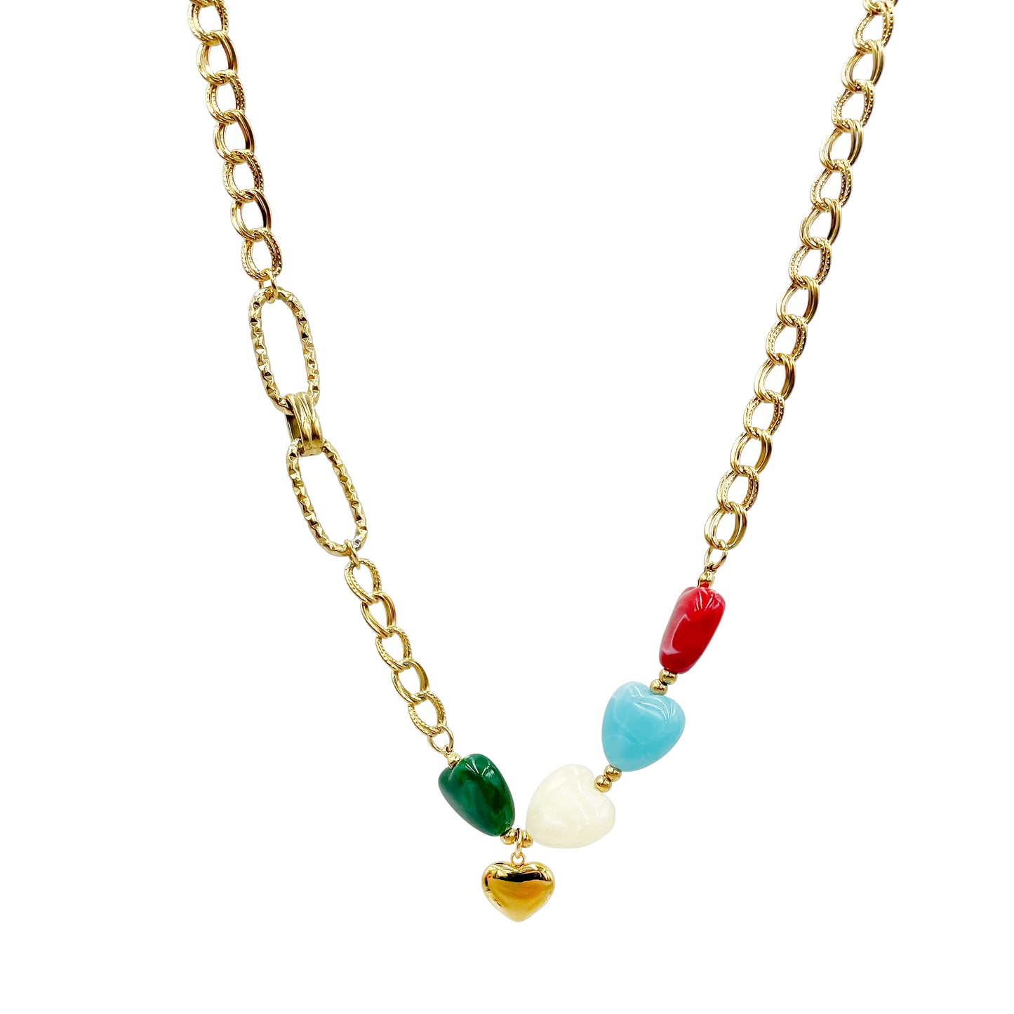 304 Stainless Steel 14K Gold Plated Heart Pendant Necklace with Colorful Acrylic Accents