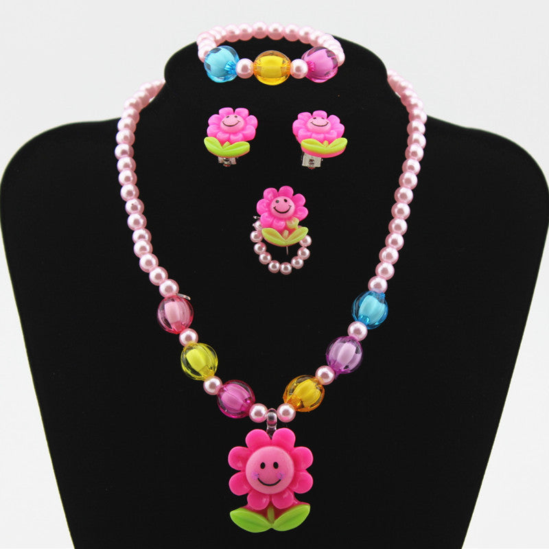 Children's Cartoon Sunflower Beaded Necklace Jewelry Set - 4 Piece