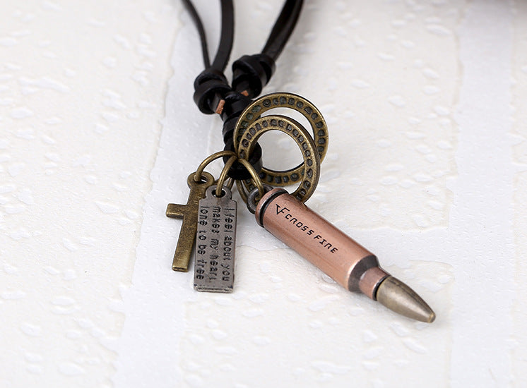 Vintage Bullet Pendant Leather Necklace for Men