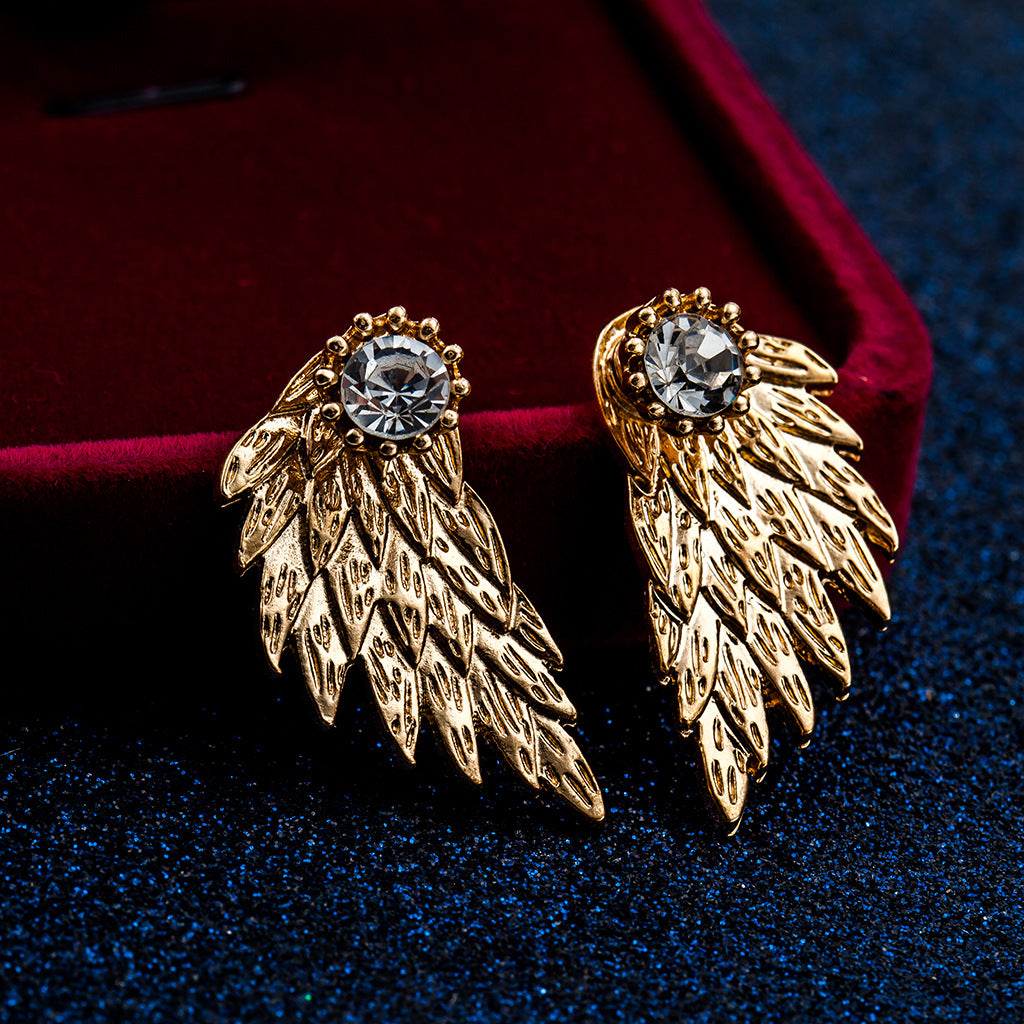 Retro Angel Wings Feather Alloy Earrings with Diamond Accents