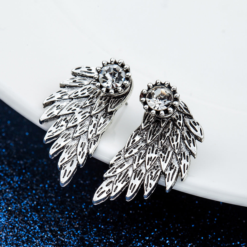 Retro Angel Wings Feather Alloy Earrings with Diamond Accents