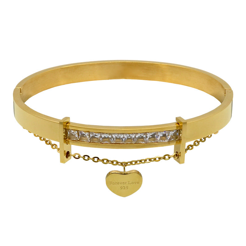 18K Gold Plated Heart Rhinestone Bangle and Diamond Inlaid Bracelet Set