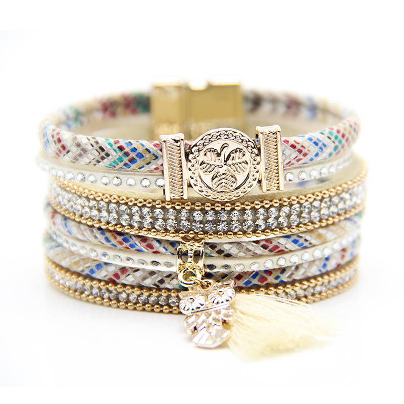 Ethnic Owl PU Leather Inlay Artificial Diamond Bohemian Women's Bracelet