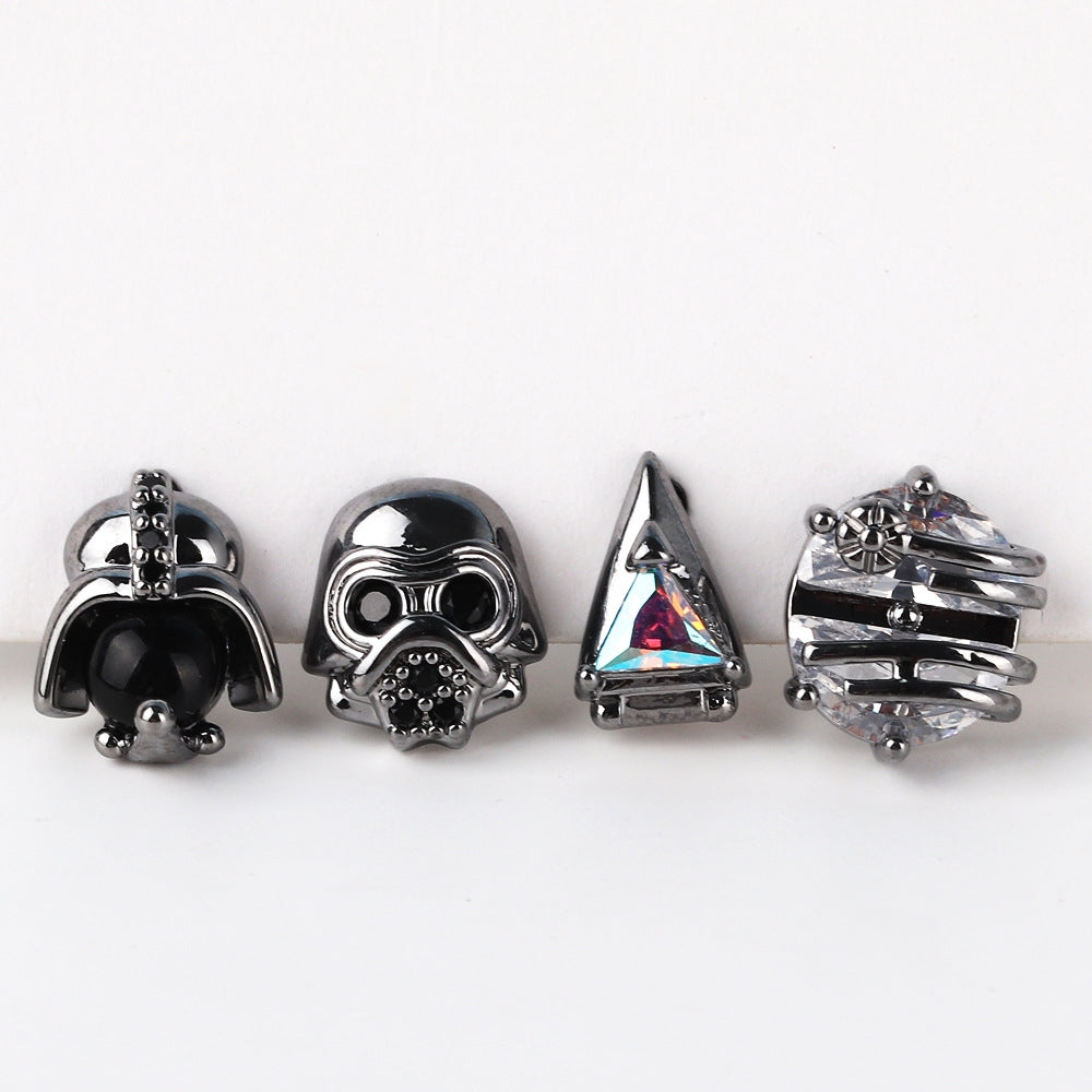 4 Piece Set Hip-Hop Punk Geometric Zircon Alien Warrior Copper Ear Studs