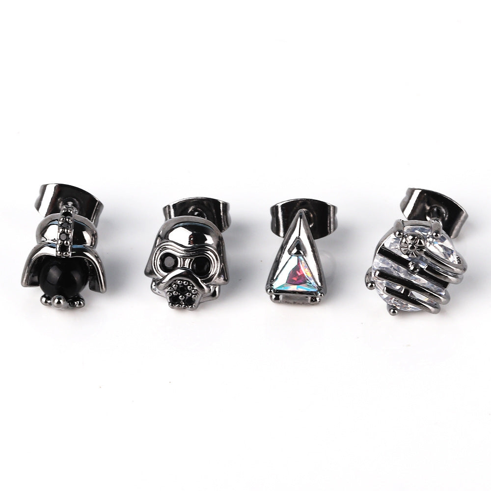 4 Piece Set Hip-Hop Punk Geometric Zircon Alien Warrior Copper Ear Studs