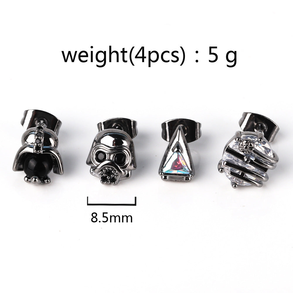 4 Piece Set Hip-Hop Punk Geometric Zircon Alien Warrior Copper Ear Studs