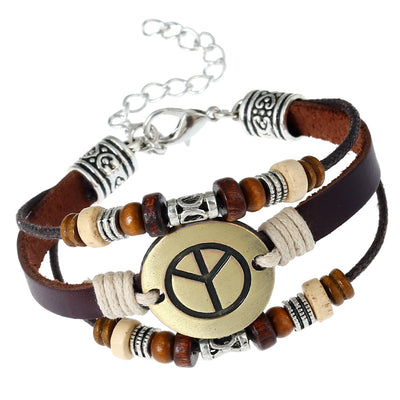 Western Punk Leather Beaded Bracelet with Alloy Peace Sign Clasp