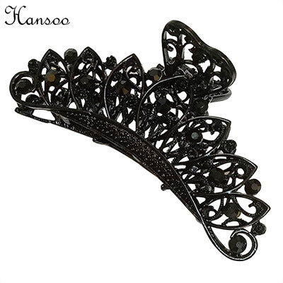 Retro Waves Rhinestone Metal Hair Claw - Large Black Vintage Hair Accessory