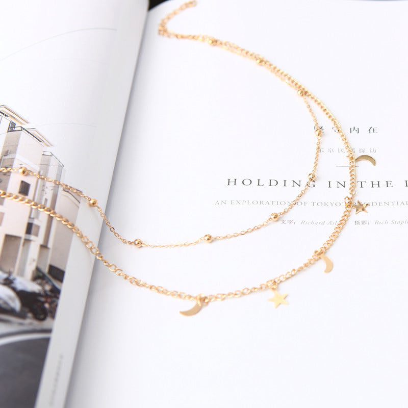 Elegant Romantic Star Moon 18K Gold Plated Stainless Steel Anklet and Double Layer Moon Star Necklace