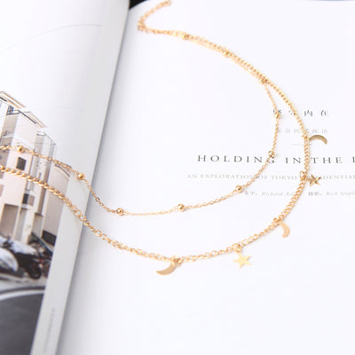 Elegant Romantic Star Moon 18K Gold Plated Stainless Steel Anklet and Double Layer Moon Star Necklace